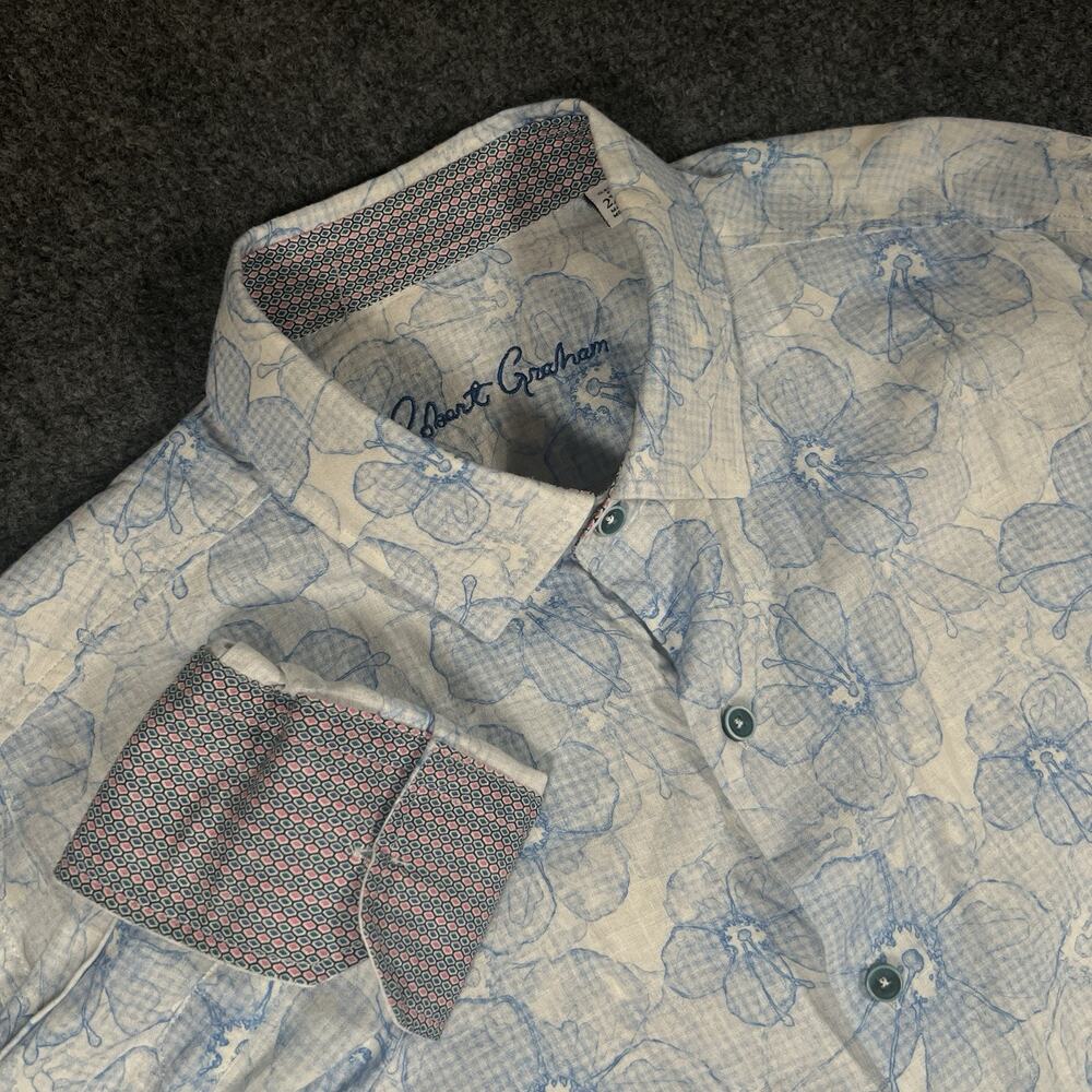 Robert Graham Linen Cotton Shirt Mens 2XL Blue White Abstract Floral Flip Cuff